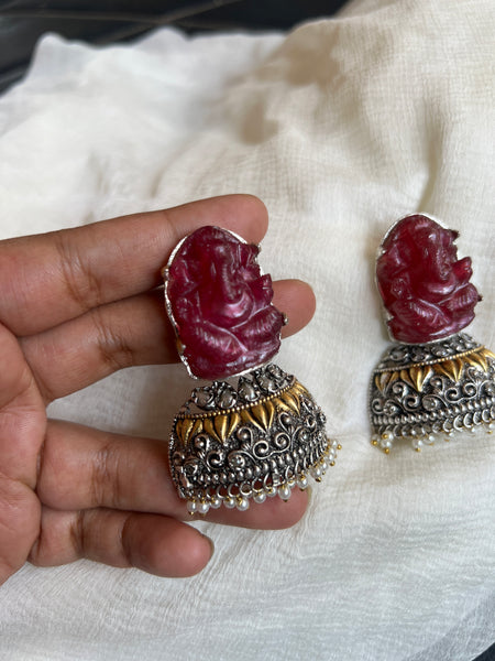 Carved Ganesha stone half Jhumkas