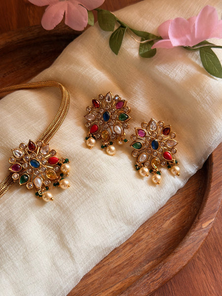 Navaratna floral necklace with matching studs