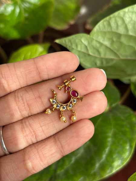 Traditional Antique Gold Bird Motif Nath with Pearl Drops
