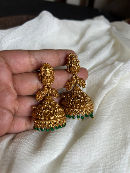 Antique Lakshmi bridal jhumkas with green beads