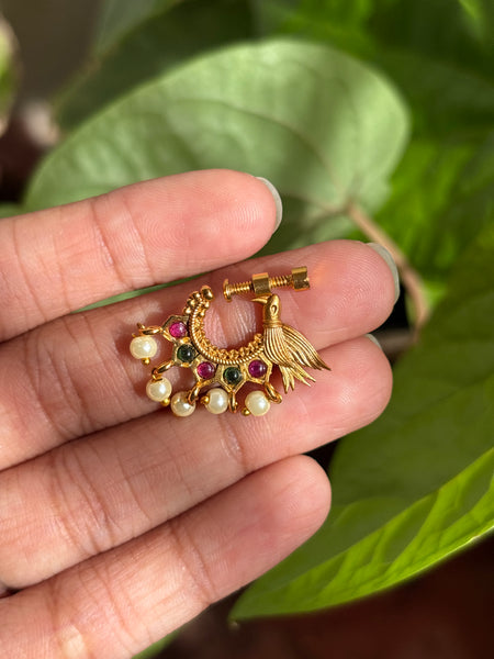 Matte Gold and pearl drops Bird-Carved Temple Nose Ring with Ruby & Emerald Stones