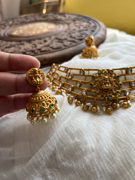 Lakshmi kemp stiff choker with jhumkas