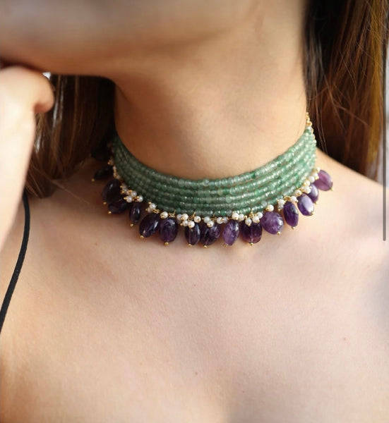 Lavender green beads choker with studs