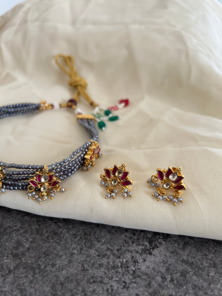 Kundan lotus grey choker with studs