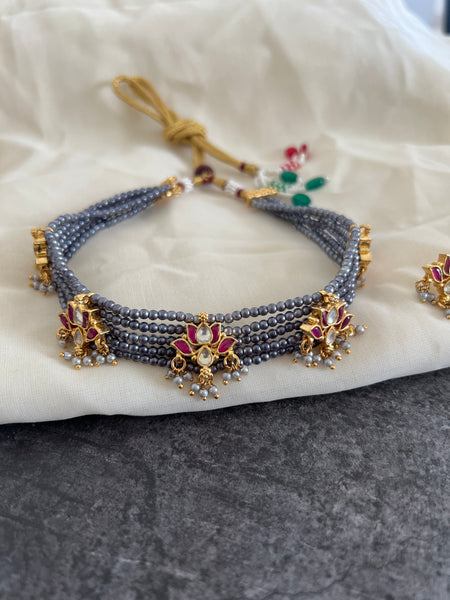 Kundan lotus grey choker with studs