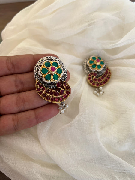 Kundan peacock silver earrings