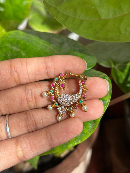 Traditional Peacock Screw-Back Nath with Pearl Drops