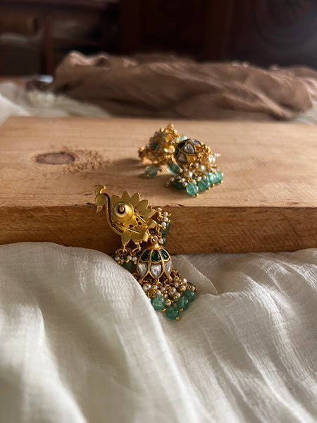 Kundan peacock jhumkas with pumpkin drops