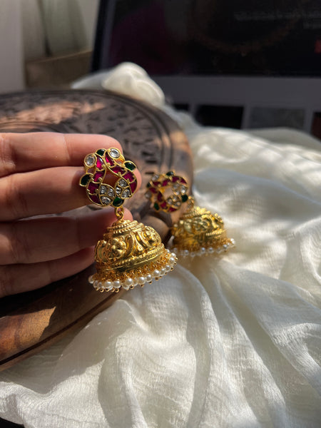 Dual peacock Kundan matte jhumkas