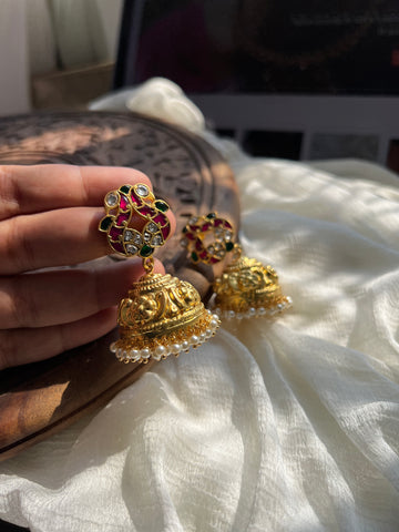 Dual peacock Kundan matte jhumkas