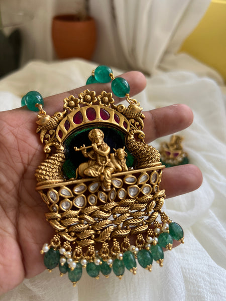Krishna polki pendant with real peacock feather detail maala