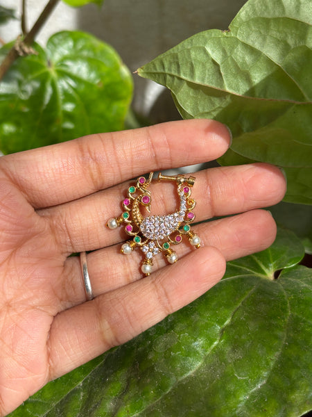Traditional Peacock Screw-Back Nath with Pearl Drops
