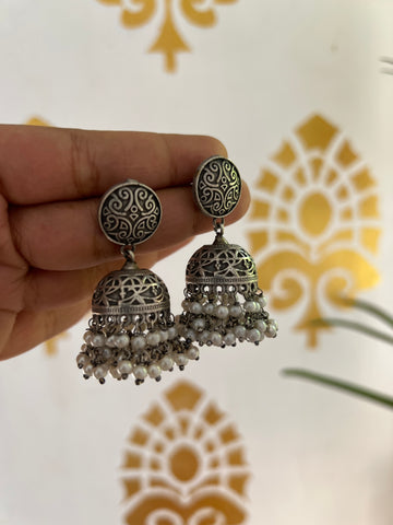 Small printed silver Jhumkas