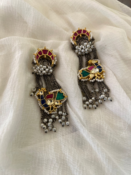 Kundan peacock silver earrings