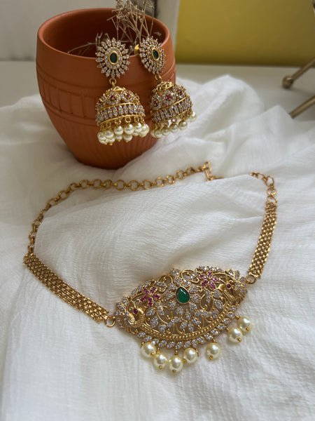 Cutwork choker with jhumkas