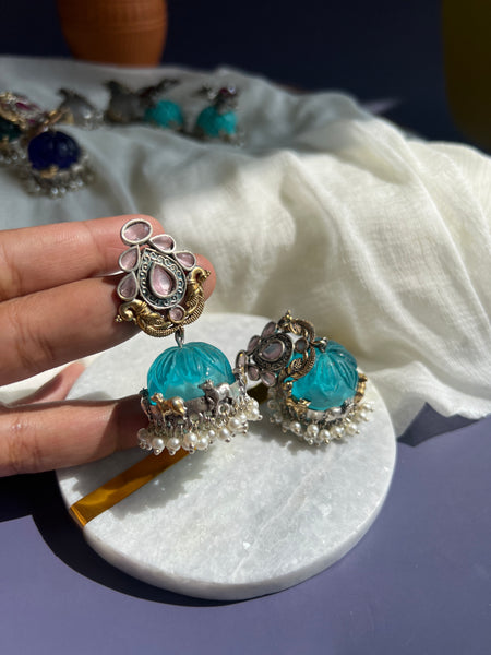 Fusion carved stone jhumkas 2