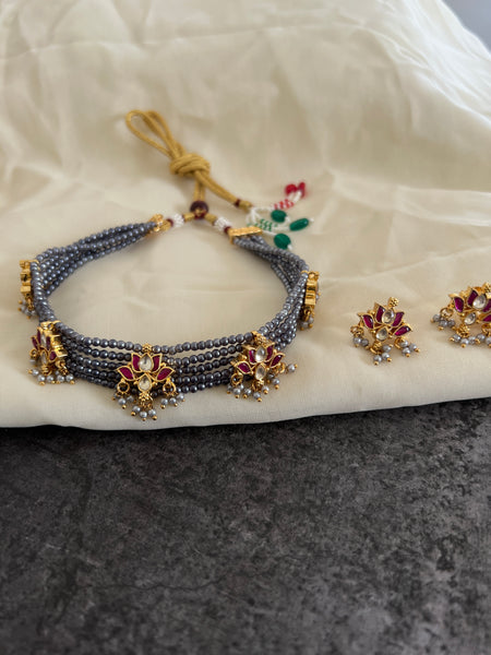 Kundan lotus grey choker with studs