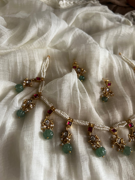 Kundan drop pearl necklace with studs