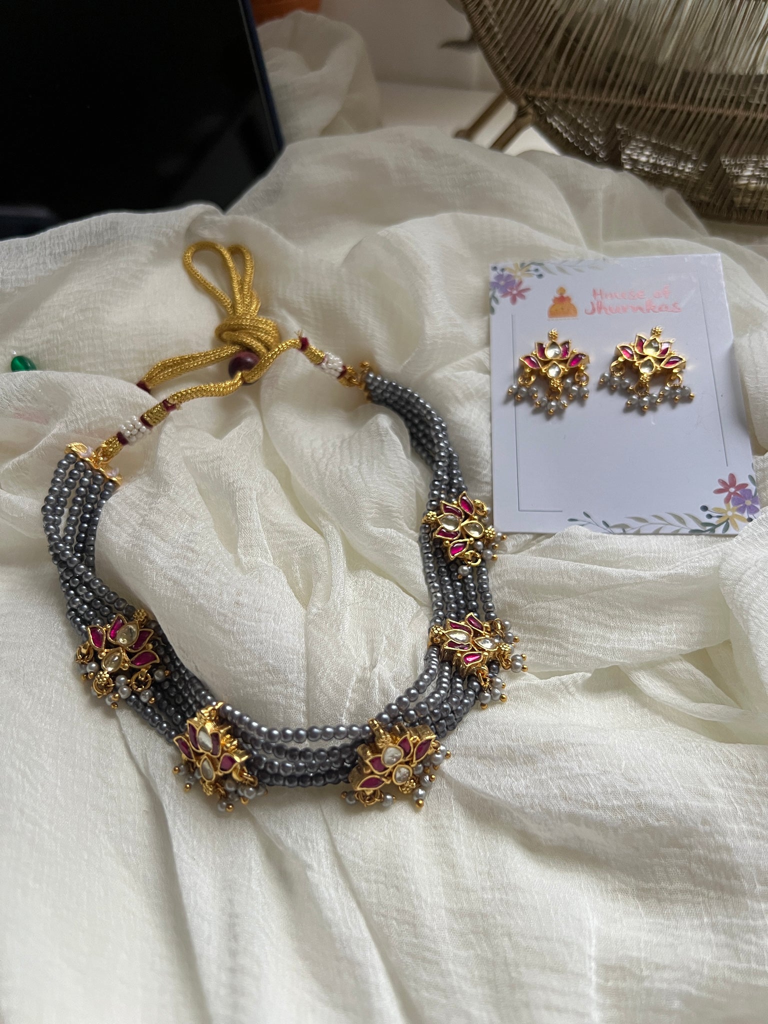 Kundan lotus grey choker with studs