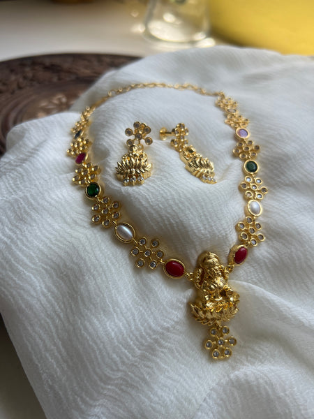 Navaratna flower Lakshmi necklace with studs