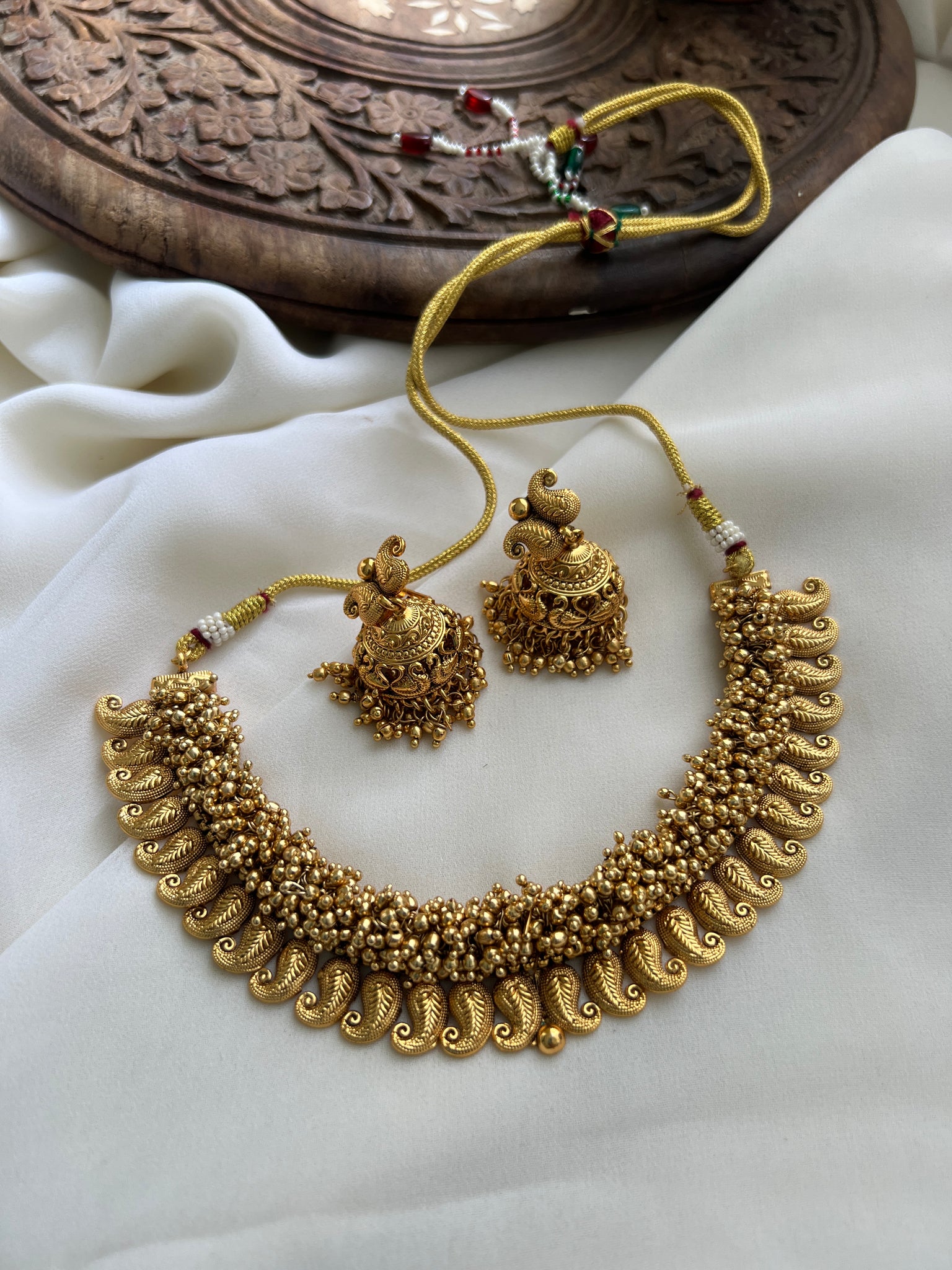 Antique cluster bead manga necklace with jhumkas
