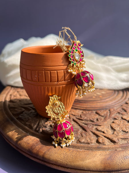 Kundan peacock jhumkas