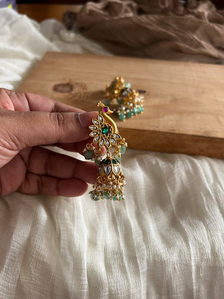 Kundan peacock jhumkas with pumpkin drops