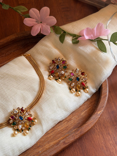 Navaratna floral necklace with matching studs
