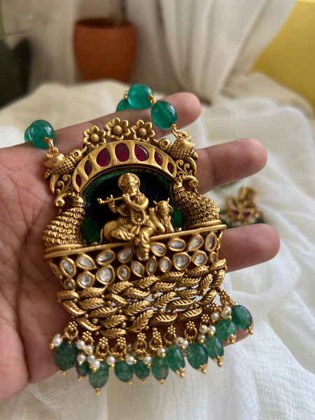 Krishna polki pendant with real peacock feather detail maala