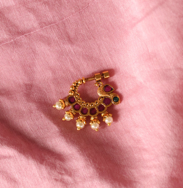 Traditional Gold-Plated Peacock Motif Nose Ring with Kemp Stones and Pearl Drops