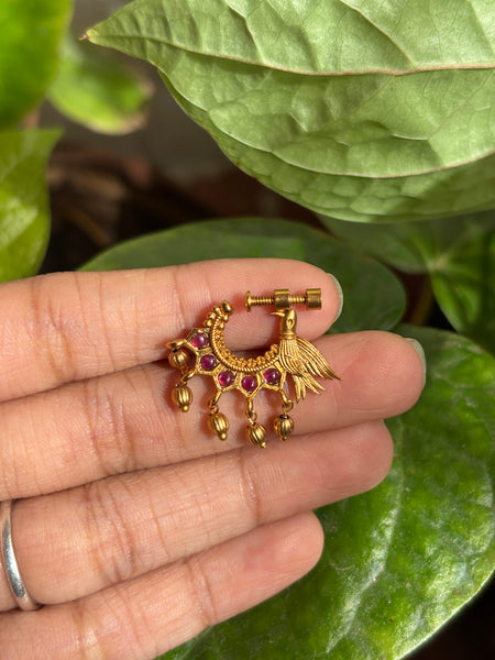 Matte Gold and pearl drops Bird-Carved Temple Nose Ring with Ruby & Emerald Stones