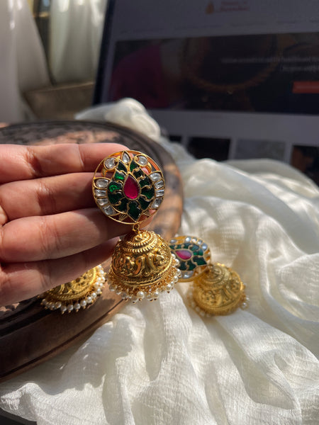 Jumbo Kundan peacock matte jhumkas