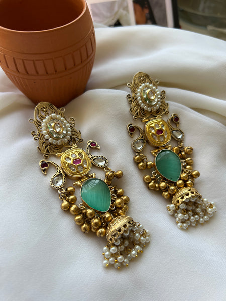Kundan mayoora jumbo jhumkas