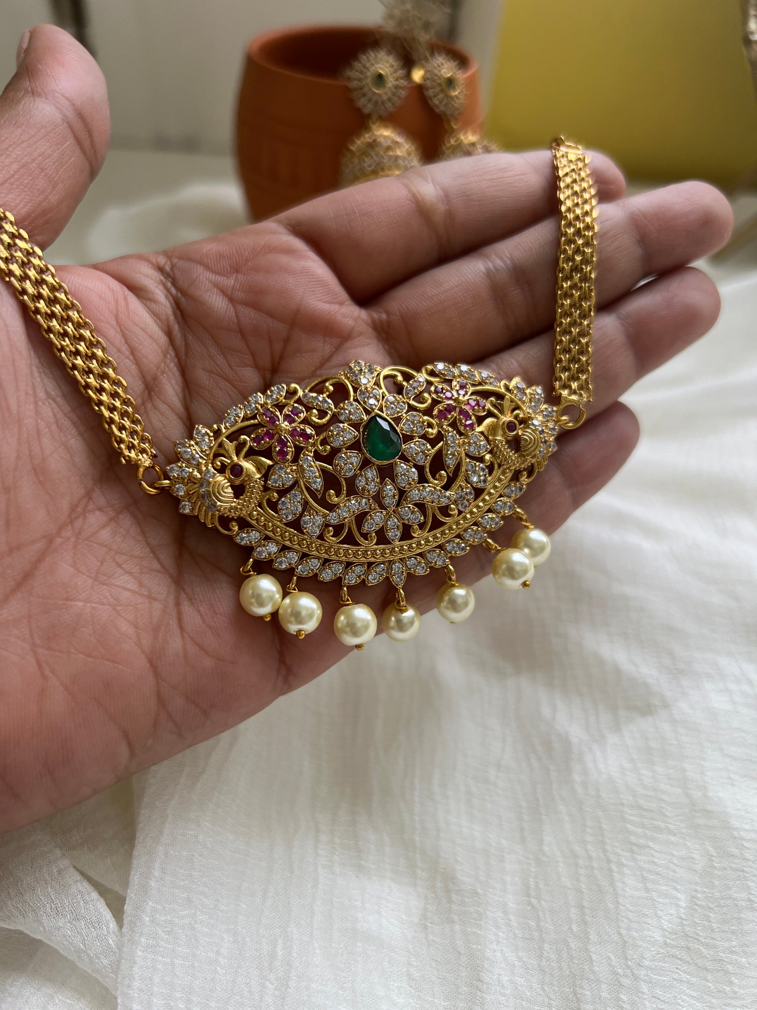 Cutwork choker with jhumkas