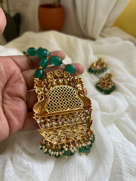 Krishna polki pendant with real peacock feather detail maala