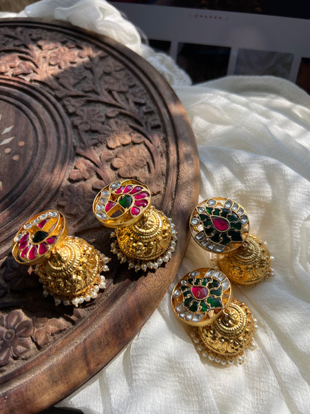 Jumbo Kundan peacock matte jhumkas