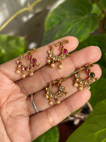 Traditional Antique Gold Bird Motif Nath with Pearl Drops