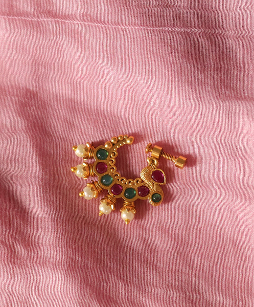 Traditional Gold-Plated Peacock Motif Nose Ring with Kemp Stones and Pearl Drops