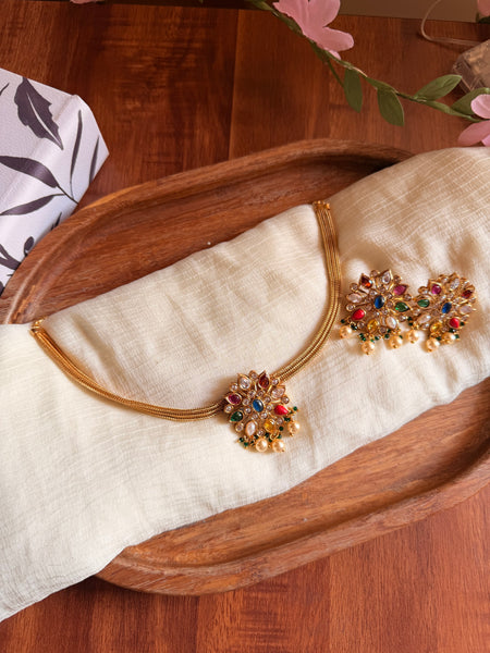 Navaratna floral necklace with matching studs