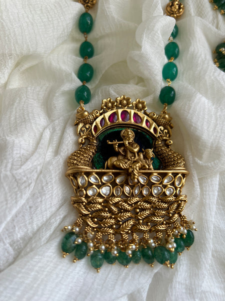Krishna polki pendant with real peacock feather detail maala
