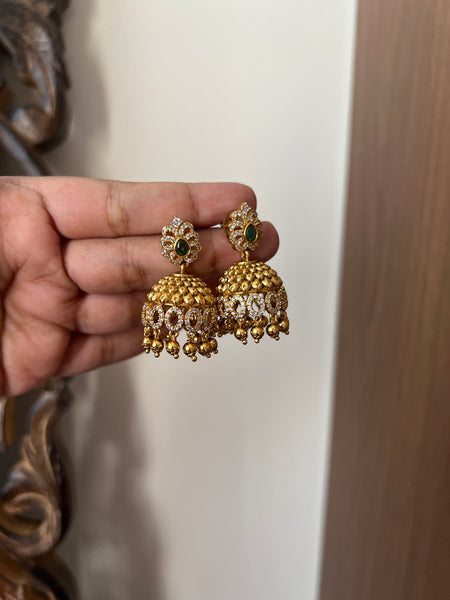 Emerald white stone antique jhumkas