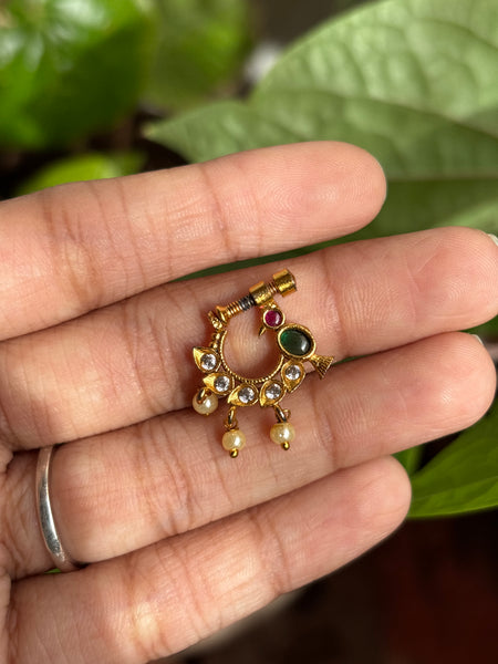 Traditional Antique Gold Bird Motif Nath with Pearl Drops