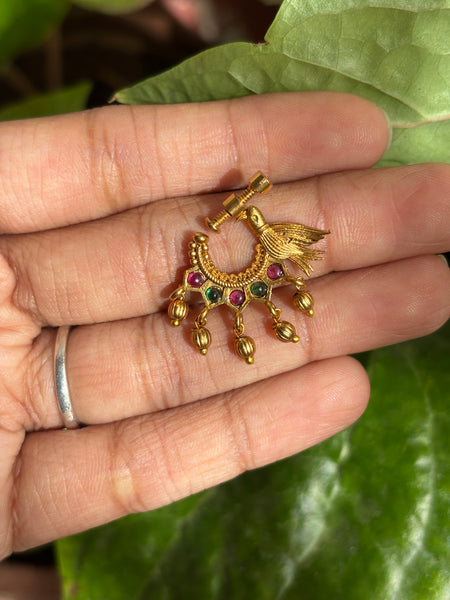 Matte Gold and pearl drops Bird-Carved Temple Nose Ring with Ruby & Emerald Stones