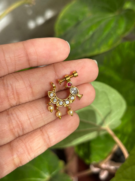 Traditional Antique Gold Bird Motif Nath with Pearl Drops