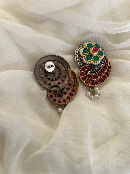 Kundan peacock silver earrings