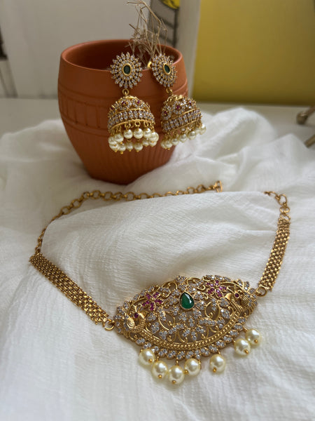 Cutwork choker with jhumkas