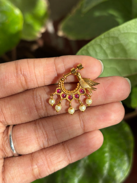 Matte Gold and pearl drops Bird-Carved Temple Nose Ring with Ruby & Emerald Stones