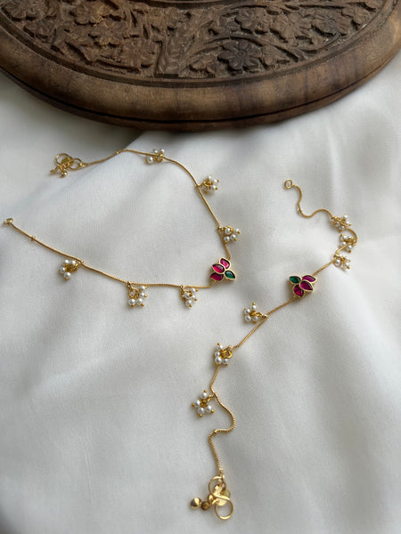 Kundan lotus pearl anklets