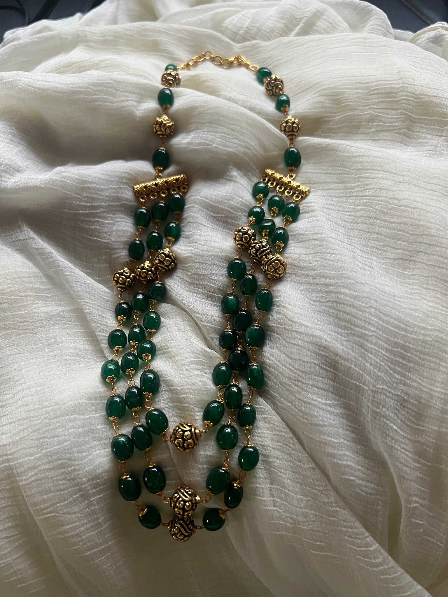 Emerald layered maala  with antique beads