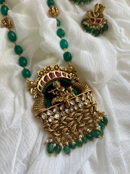 Krishna polki pendant with real peacock feather detail maala